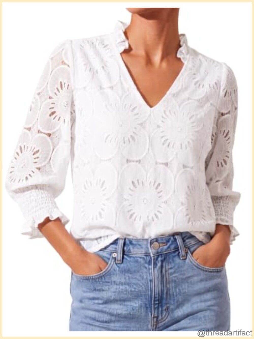 Women's 3/4 Sleeve V Neck Eyelet Lace Blouse Casual Top